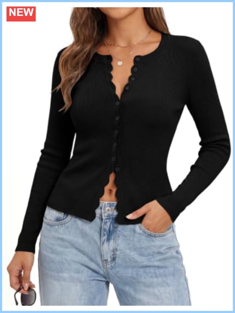 Cropped Knit Cardigan Scalloped Button Up Lightweight Long Sleeve Trendy